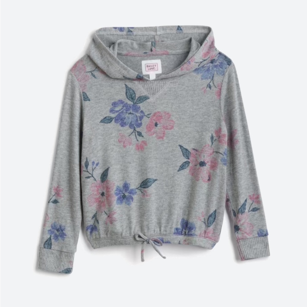 Bailey Lane.  Girls Tie front brushed graphic hooded pullover. Size XL. Gray NWT